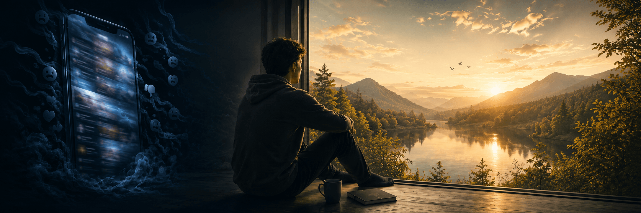 Stop Doomscrolling — Person blickt vom Handy auf zu einem See in den Bergen.
